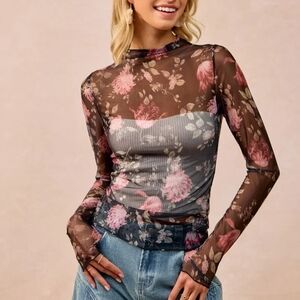 BiBi Flower Printed Mesh Lace Top with Thumb Opening